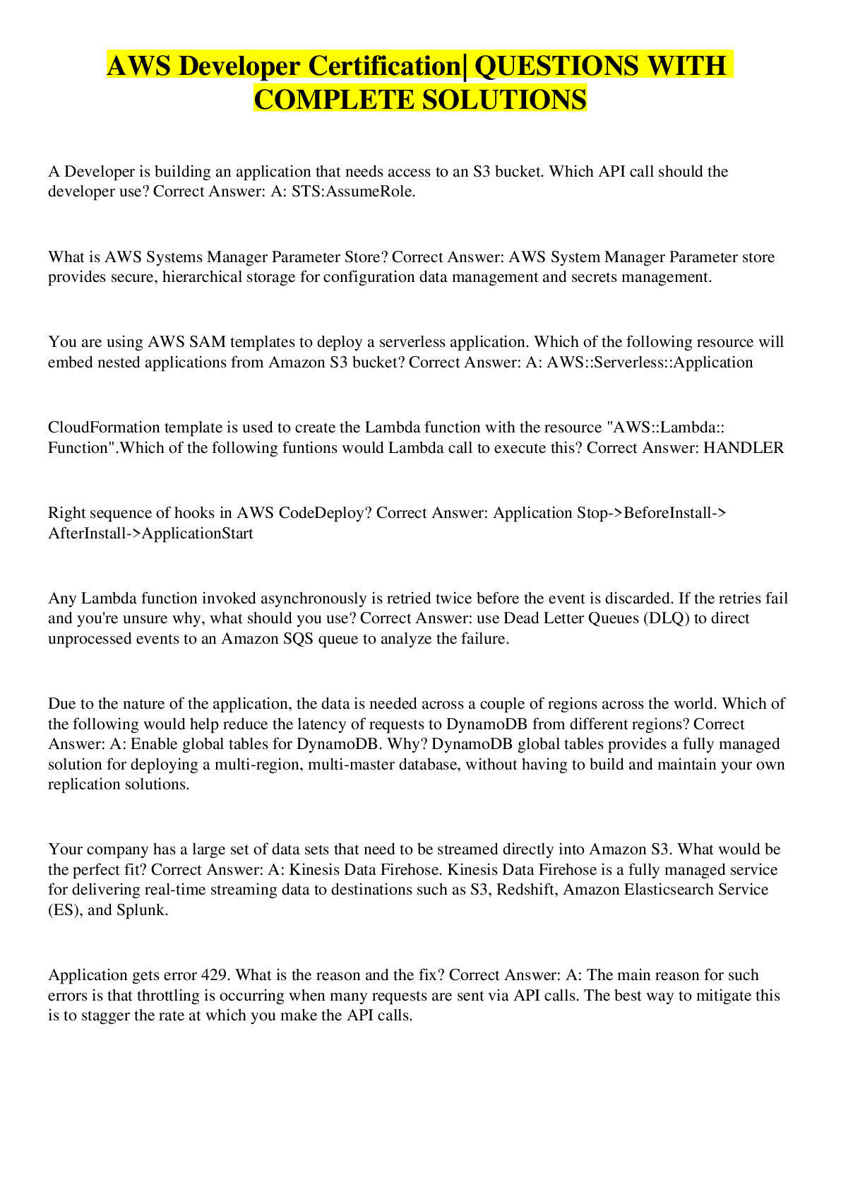 Preview image for AWS Developer Certification| QUESTIONS WITH COMPLETE SOLUTIONS